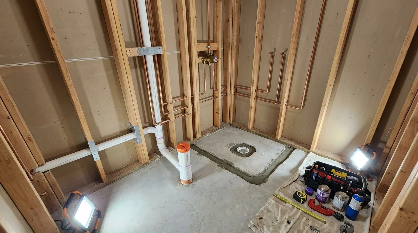 Bathroom rough-in plumbing during remodel by Johns Plumbing LLC in Brocton