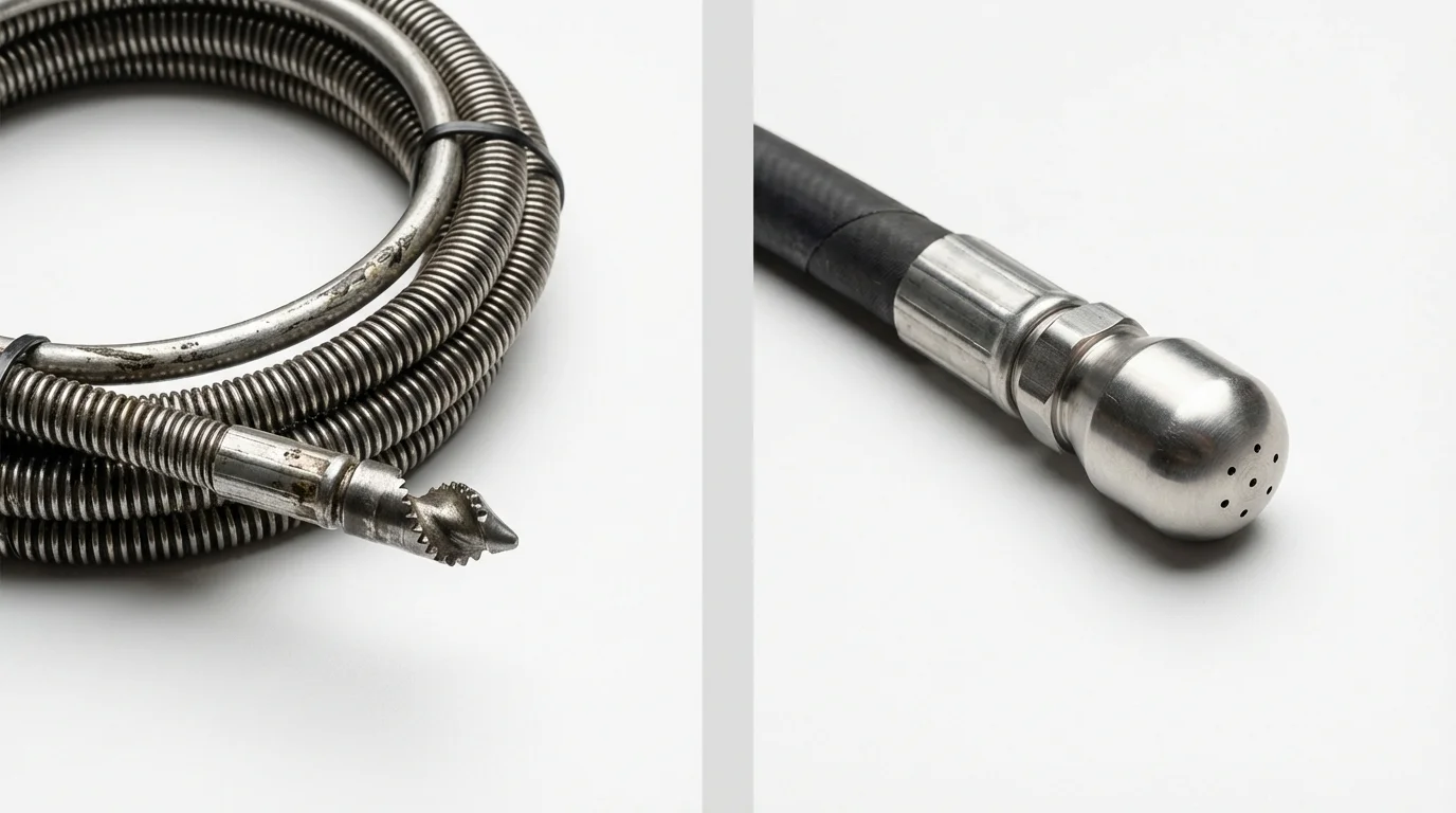 Drain snake cable and hydro jetting nozzle used for drain cleaning in Brocton, NY
