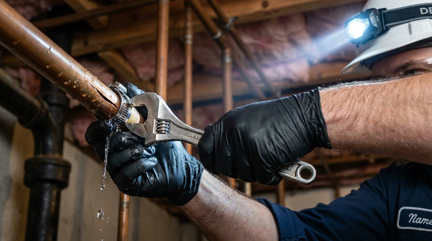 Emergency pipe clamp repair being performed by a Johns Plumbing LLC plumber in Brocton