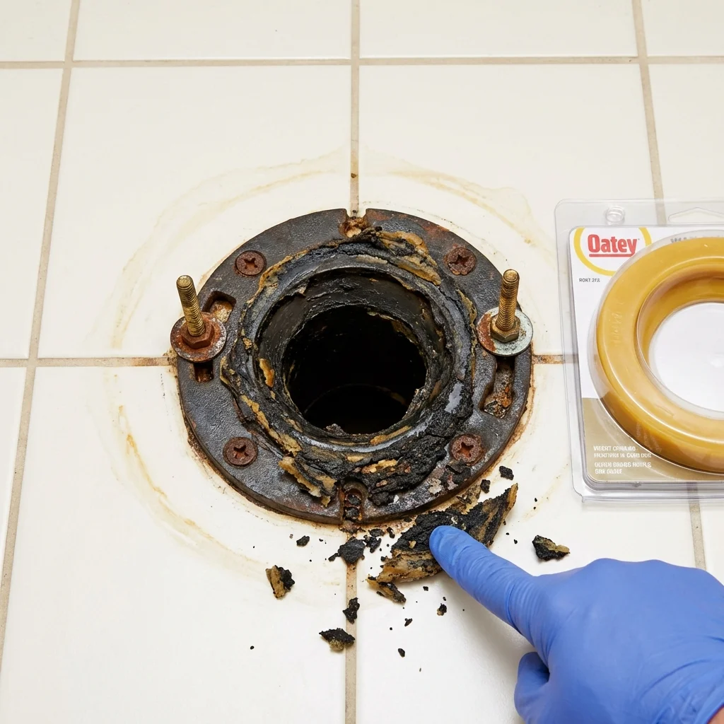 Failed wax ring showing water seepage at the base of a toilet in a Brocton, NY home