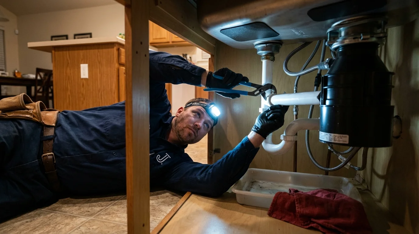 P-trap and supply line connections under a kitchen sink showing a common leak point in Brocton, NY